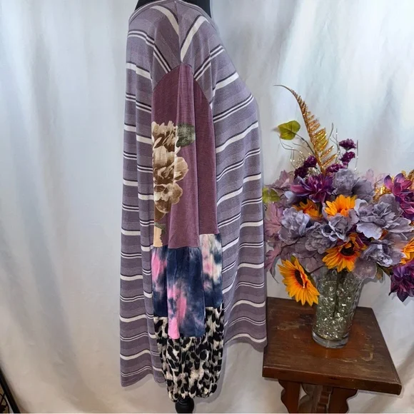 ODDY Purple Stripe Patchwork Leopard Sleeve Boho Tunic Top 1XL - Picture 4 of 8